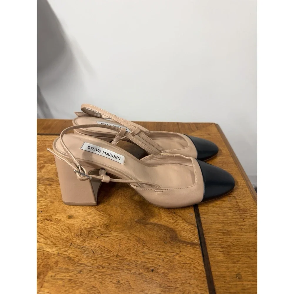 Steve Madden Women's 7 Belinda Leather Slingback Block Heels In Beige Black Cap
